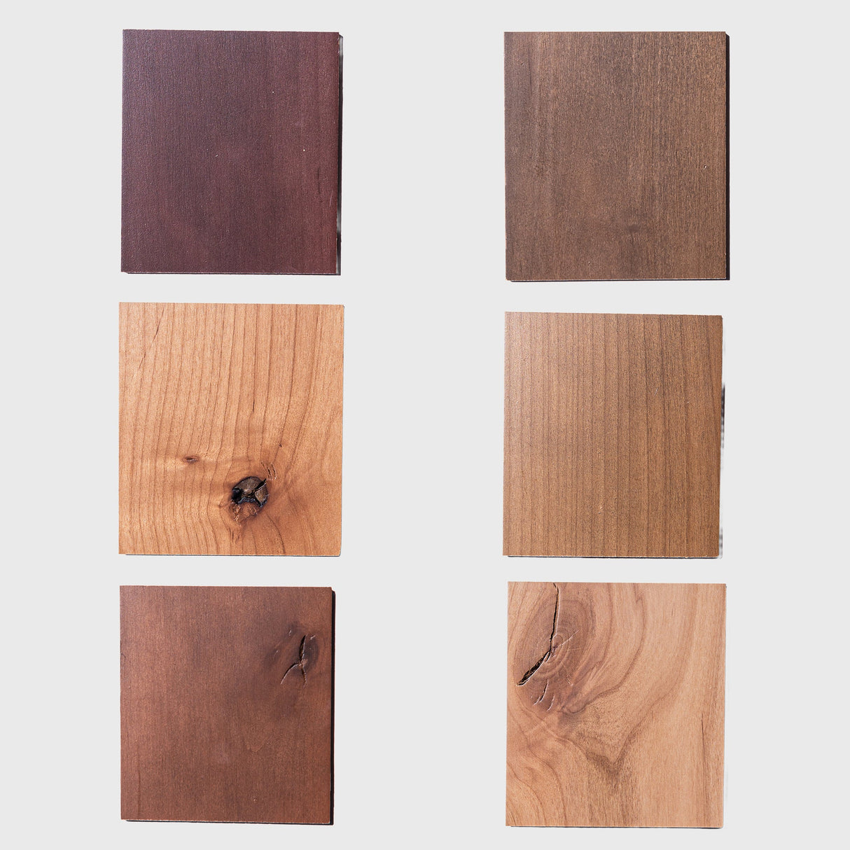 Six square Alder wood samples with different finishes on a light gray background