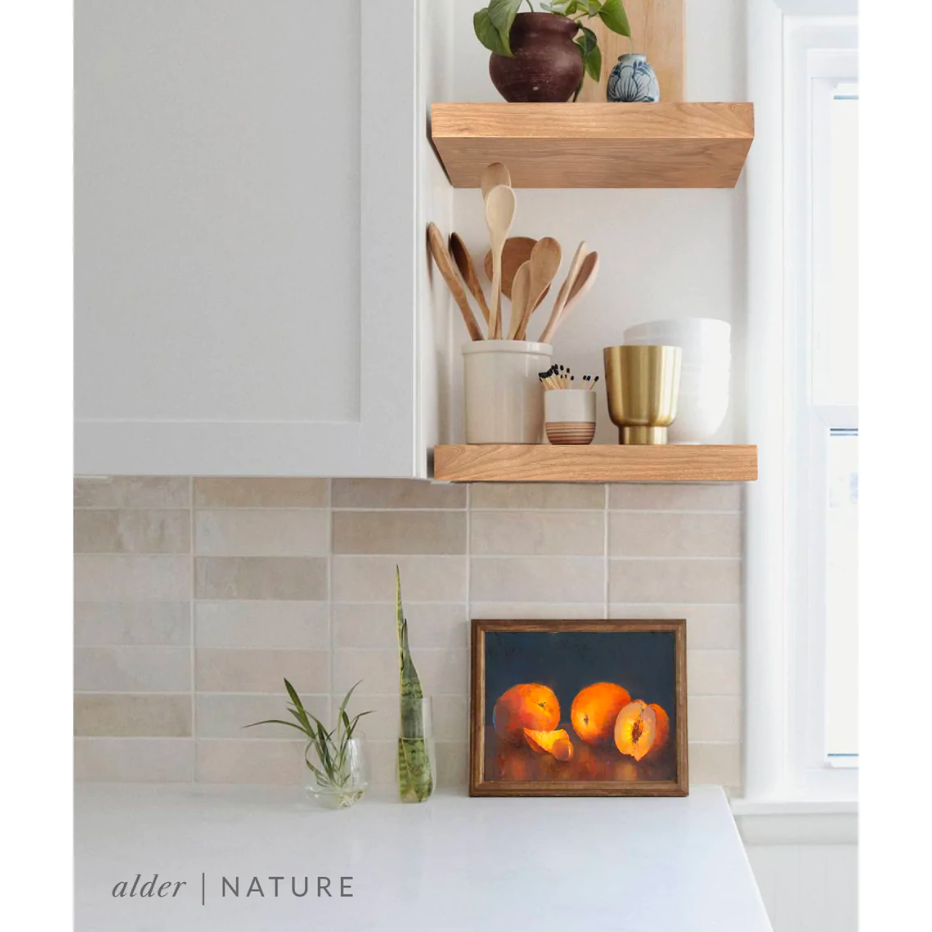 alder floating shelves in kitchen with nature finish applied