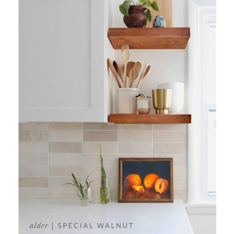 alder floating shelves in kitchen with special walnut finish applied