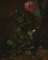 small garden ecosystem with a weed in the middle with a blooming red flower