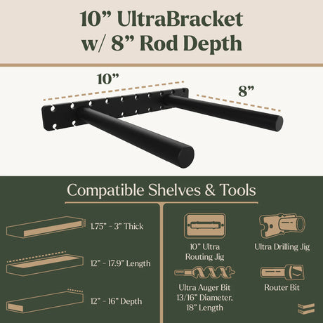10-inch UltraBracket with 8-inch rod depth, showing compatible shelves and tools.