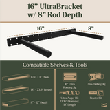 16-inch UltraBracket with 8-inch rod depth, showing compatible shelves and tools.