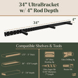 34-inch UltraBracket with 4-inch rod depth, showing compatible shelves and tools.