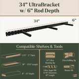 34-inch UltraBracket with 6-inch rod depth, showing compatible shelves and tools.
