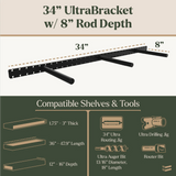 34-inch UltraBracket with 8-inch rod depth, showing compatible shelves and tools.