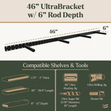 46-inch UltraBracket with 6-inch rod depth, showing compatible shelves and tools.