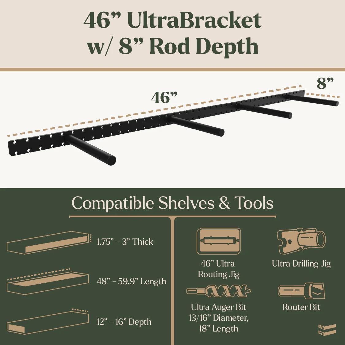 46-inch UltraBracket with 8-inch rod depth, showing compatible shelves and tools.