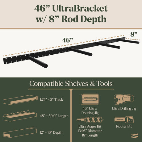 46-inch UltraBracket with 8-inch rod depth, showing compatible shelves and tools.