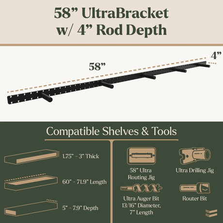 58-inch UltraBracket with 4-inch rod depth, showing compatible shelves and tools.