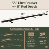 58-inch UltraBracket with 6-inch rod depth, showing compatible shelves and tools.