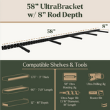 58-inch UltraBracket with 8-inch rod depth, showing compatible shelves and tools.